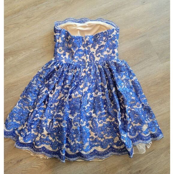 Lace dress formal size 7 Jodi Christopher  rhinestones blue strapless - Picture 8 of 14